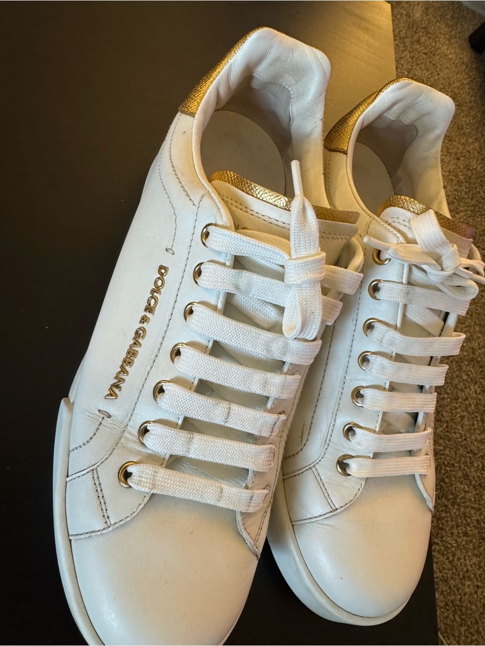 Dolce & Gabbana White Leather Sneakers with Gold Heel and Eyelet Details